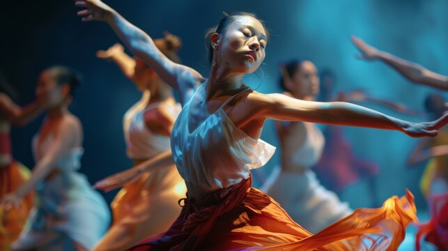 Closeup of a dance performance capturing the fluid movements and dynamic expressions of the dancers each representing a different cultural background. .