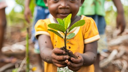 Closeup of a young child holding a newly planted mangrove tree sapling a crucial ecosystem protector as part of a communityled initiative to restore damaged coastal areas and promote . - obrazy, fototapety, plakaty
