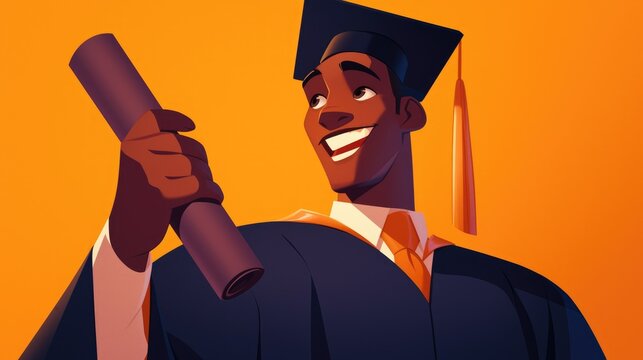 An animated and joyous African American businessman dressed in a graduation gown and cap proudly holds a diploma perfect for educational or career themed designs