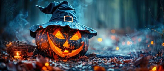 Spooky Halloween Pumpkin With Witch Hat