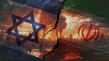 Cracked wall illustration with israeli and iranian flags