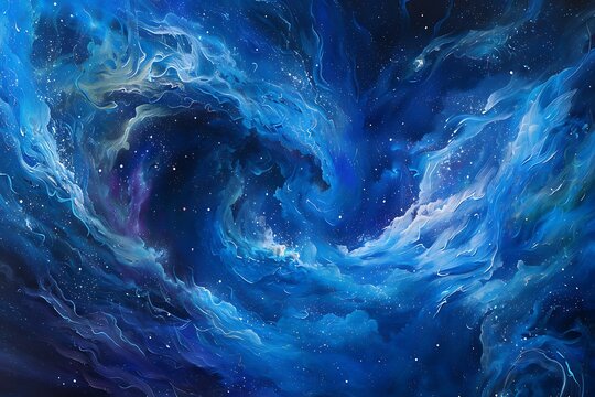 : A swirling vortex of deep blue nebula clouds, pierced by vibrant streaks of starlight and cosmic dust. Ethereal wisps of light dance across the canvas, mimicking the aurora borealis. Sparkles shi