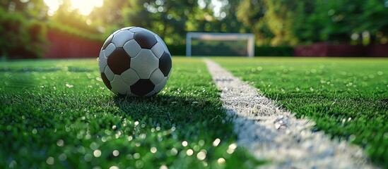Soccer Ball on Lush Green Field - obrazy, fototapety, plakaty