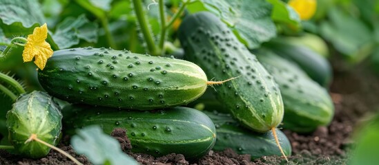 Cucumbers Ripening Amidst Green Garden Leaves