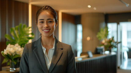A professional image featuring a hotel receptionist standing behind the front desk, looking directly at the camera with a welcoming smile. - obrazy, fototapety, plakaty