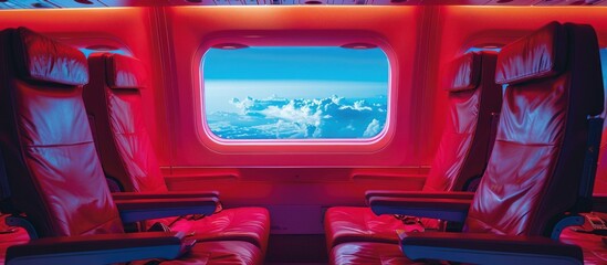 Two red seats in an airplane interior opposite each other and a window between them
