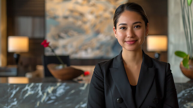 A professional image featuring a hotel receptionist standing behind the front desk, looking directly at the camera with a welcoming smile.