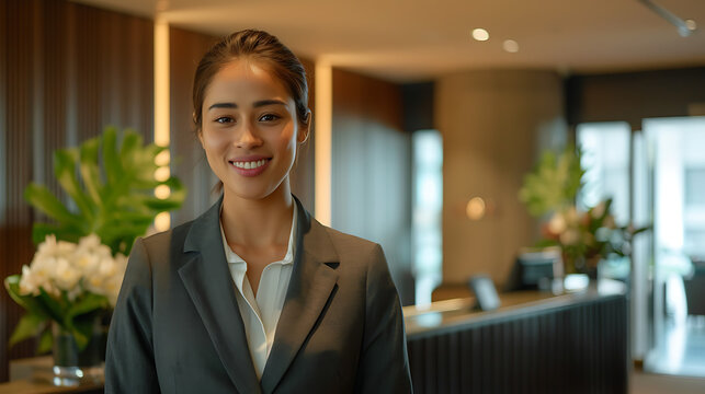 A professional image featuring a hotel receptionist standing behind the front desk, looking directly at the camera with a welcoming smile.