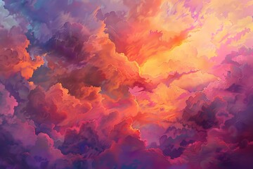 : A tapestry of fiery clouds at sunset, with shades of orange, pink, and purple blending seamlessly. - obrazy, fototapety, plakaty