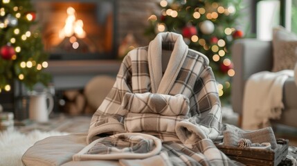 Blank mockup of a cozy flannel bathrobe perfect for lounging by the fireplace. . - obrazy, fototapety, plakaty