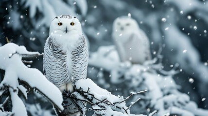 A pair of snowy owls perched on snow-covered branches, their white feathers blending seamlessly with the winter landscape
