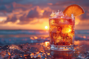 A vibrant Aperol spritz cocktail, combining Aperol, prosecco, and soda water for a refreshing Italian aperitif. Concept of sunset sipping. Generative Ai.