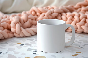Pretty blank mug POD product white cup mock up peach fuzz yarn wool knitted wool throw blanketbackground empty space mom handmade knitting crochet diy crafting earthy rustic farmhouse cafe campaign