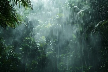 : A thunderous cloudburst unleashing torrents of rain in a tropical forest.