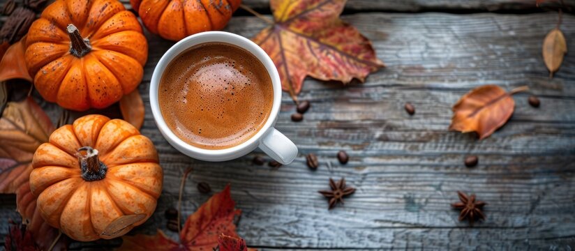 A cup of coffee surrounded by autumn leaves and pumpkins