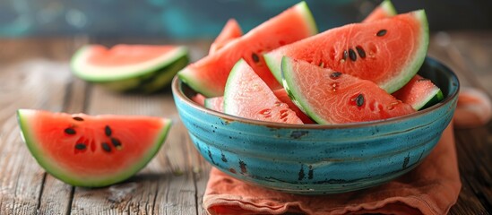 Bowl of Watermelon Slices on Wooden Table