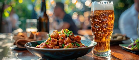 Bowl of Food and Glass of Beer on Table