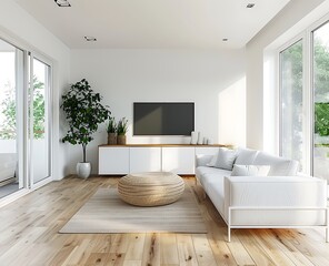 Modern living room interior with a white sofa