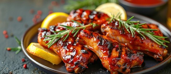 Plate of Chicken Wings With Lemon Wedges and Rosemary Garnish