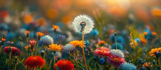 Colorful Flower Field With Dandelion