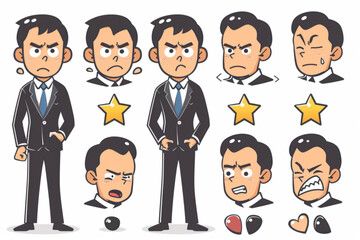 Set of character of a man with a smartphone. A businessman with various emotions uses a gadget, shows the screen 3D avatars set vector icon, white background, black colour icon