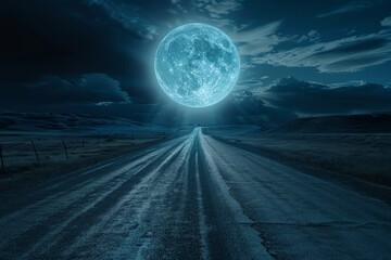 Fantasy Fairy Tale Full Moon Illuminates the Night Road, Shining Moonlight, Road to Huge Moon,