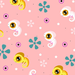 Cute Baby Chameleon Pattern on Pink Background