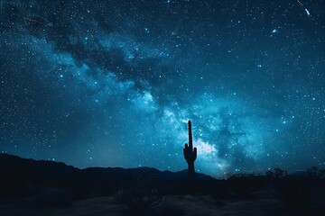 : A vast desert landscape under a starry night sky, with a solitary cactus silhouette. - obrazy, fototapety, plakaty