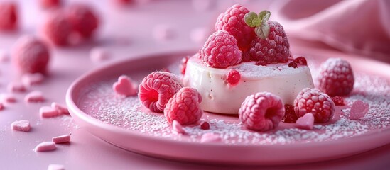 Delicious Dessert With Fresh Raspberries on Pink Plate