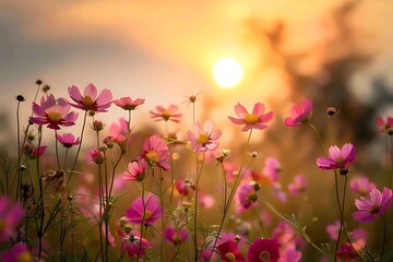 : A vibrant display of summer flowers in full bloom against a sunset background.