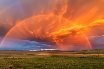 : A vibrant rainbow arching gracefully through a break in the storm clouds.