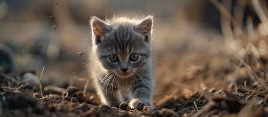 Obraz premium Young Kitten Walking on Dirt Field