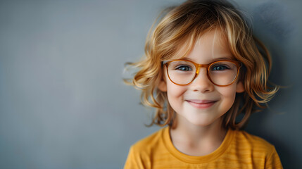 A child smiles wearing glasses against a plain background, concept: eye health and safety awareness month for children and adults