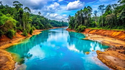 Fototapeta na wymiar A wide shot of blue river in a tropical jungle, nature wallpaper design. Generative ai