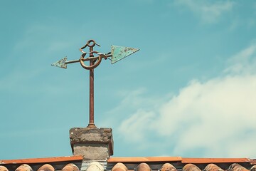 : A vintage-style wind vane on a rooftop, its arrow pointing towards the viewer. - obrazy, fototapety, plakaty