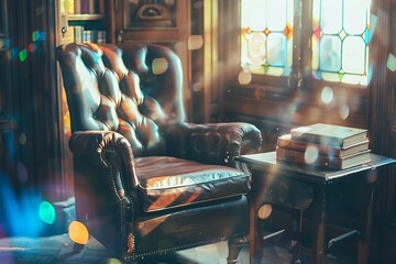 : A vintage library reading nook with a worn leather armchair resting beside a dark wood table. Sunlight streams through a stained-glass window, casting colorful, blurred bokeh shapes onto the tabl - obrazy, fototapety, plakaty