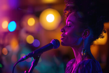 Beautiful black female singer with microphone, stage performance