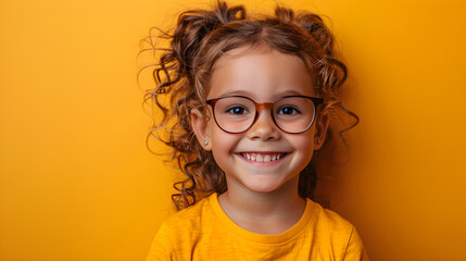 A smiling child wearing glasses with a plain background, promoting eye health and safety awareness month for children and adults - obrazy, fototapety, plakaty