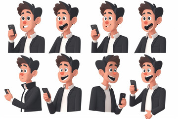 Set of character of a man with a smartphone. A businessman with various emotions uses a gadget, shows the screen 3D avatars set vector icon, white background, black colour icon