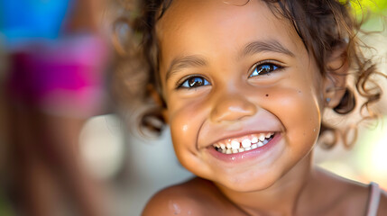 A heartwarming image capturing the pure joy of a child smiling brightly at the camera. - obrazy, fototapety, plakaty
