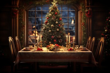Fototapeta na wymiar : A warmly lit wood dining table capturing the essence of a joyful Christmas celebration, with a magnificent Christmas tree standing tall in the background, spreading its festive glow.