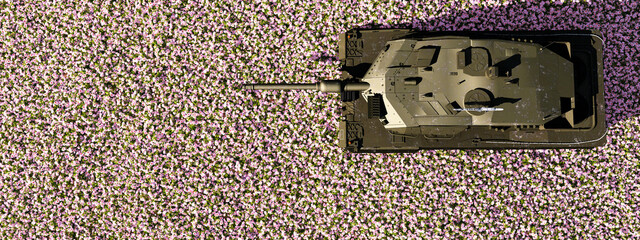Contrast of Military Tank Amidst a Blooming Field of Pink Flowers
