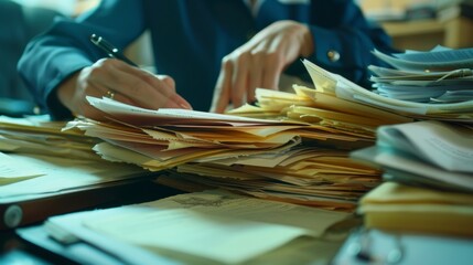 In a bustling law office a paralegal carefully organizes important documents for a complex case. The phone constantly rings and they skillfully juggle multiple tasks to keep the case .