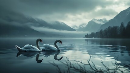 A pair of elegant swans gliding peacefully across the tranquil waters, their graceful forms mirrored in the gentle ripples. - obrazy, fototapety, plakaty
