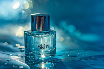 little cosmetic bottle write "Skin" on blue background, studio light, soft light, pro contrast color grading, dodge burn effect, stock image,