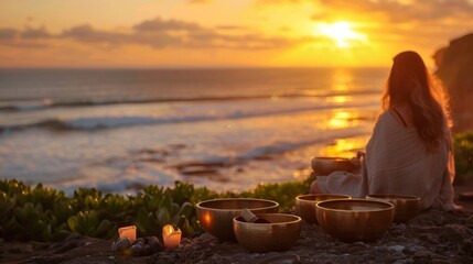 As the sun sets over the ocean visitors are led through a guided sound meditation on a secluded cliff the soothing sounds of singing bowls and ocean waves inducing a 2d flat cartoon.