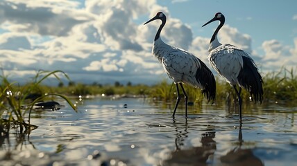 Fototapeta premium A pair of elegant cranes engaged in a graceful dance, their long necks intertwining as they move with effortless beauty.