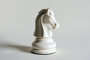 : A white chess piece, a knight, isolated on a white background.
