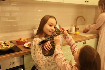 two girls hold a gray cat in their arms