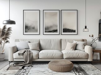 Modern living room interior with sofa and framed pictures on the wall